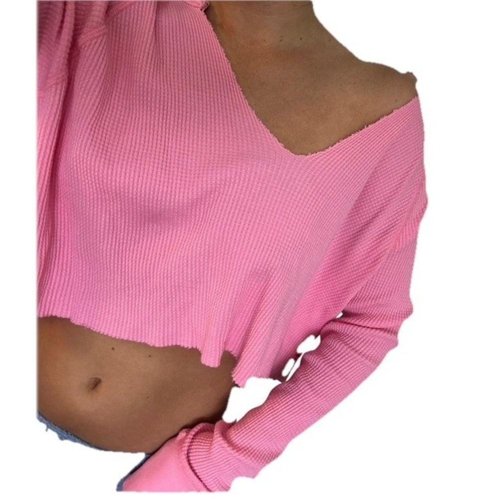 BDG Thermal Crop Top Womens Small Pink Excellent Waffle Knit V-Neck Long Sleeve